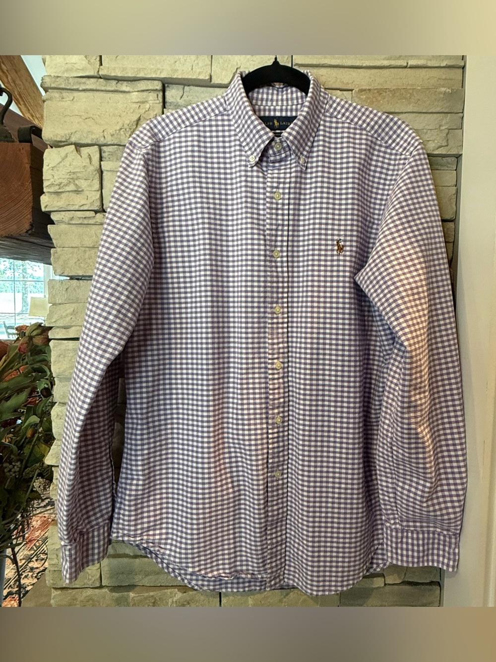 Ralph Lauren Button Down Shirt Mens Med Purple White Gingham Preppy Flesh Pony